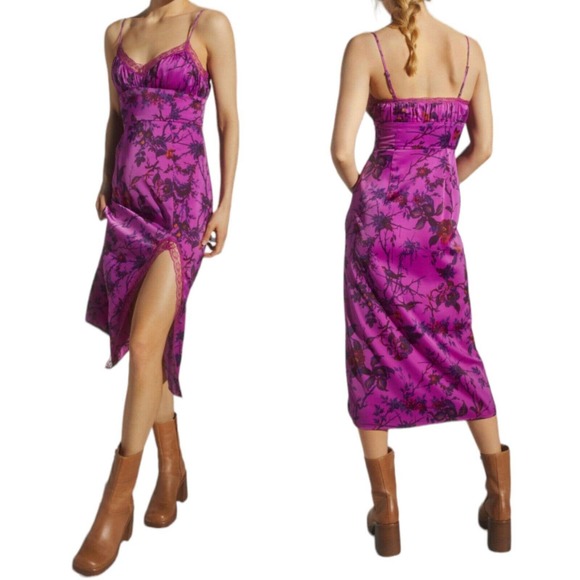 Urban Outfitters Dresses & Skirts - Urban Outfitters Slip Dress Audrey Purple Floral Lace Midi Satin Coquette Size S